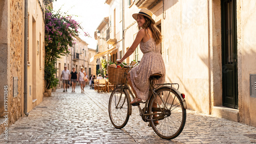 Cheerful Woman Riding Vintage Bicycle Through Quiet Mediterranean Village On Warm Summer Afternoon, Market Basket, Sunlit Stone Walls, Vacation Lifestyle Scene