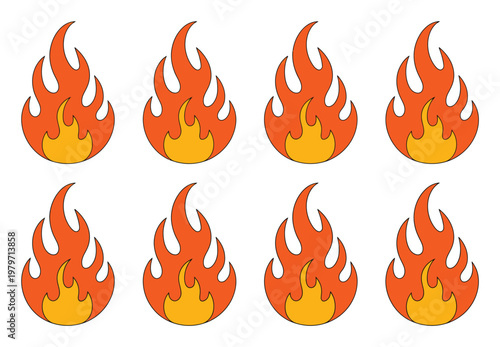 Eight Cartoon Flames on a White Background