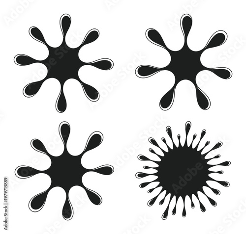 Four Black Ink Splatter Shapes on White Background