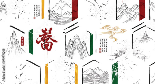 Mountains illustrated in a minimalist ink style are enclosed within hexagonal frames.