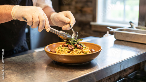 Chef Plating Linguine With Chicken Liver And Herbs At Remote Mountain Inn, Hands Only, Warm Ceramic Bowl, Stainless Pass, Documentary Culinary Scene, Fine Dining Prep
