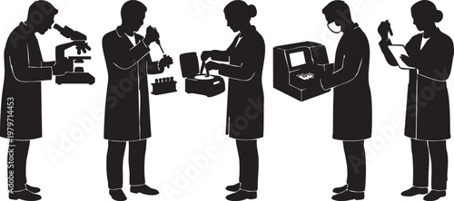 Medical laboratory technician silhouettes set featuring scientists using microscopes, pipettes, and automated diagnostic equipment in a clinical lab research setting
