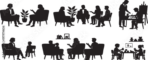 Mental health therapy silhouettes set featuring individual counseling group support sessions child therapy and professional psychology services