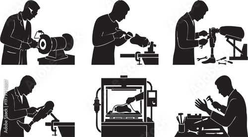 Prosthetics technician silhouettes set featuring professional orthotists fabricating and assembling artificial limbs and bionic devices in a specialized workshop