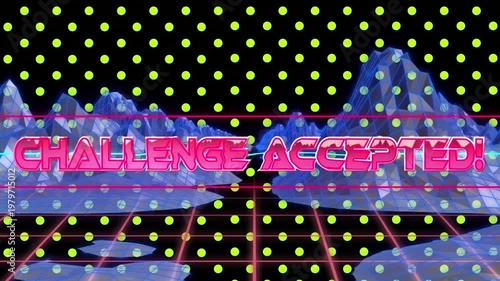 Animation of digital challenge accepted text, yellow dots moving amidst mountains over grid pattern