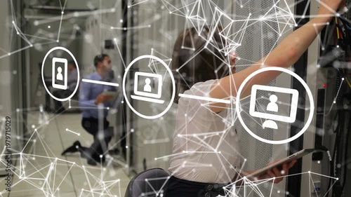 Animation of mediia icons and network of connections over technicians in computer server room