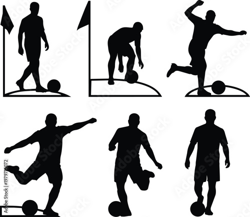Corner Kick Silhouettes Set of 6 Black Vector Silhouettes Isolated on White Background

