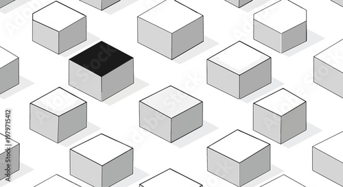 Cubes arranged in an isometric grid feature one solid black block standing out among white and gray shapes.