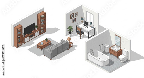 Isometric interior design concept with living room home office and bathroom.