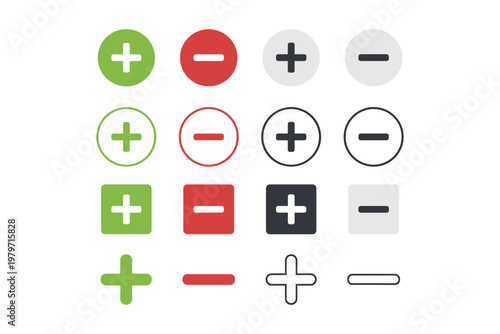 Collection of plus and minus icons in various shapes and colors for digital interfaces