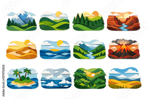 Collection of twelve diverse paper-cut style landscape scenes