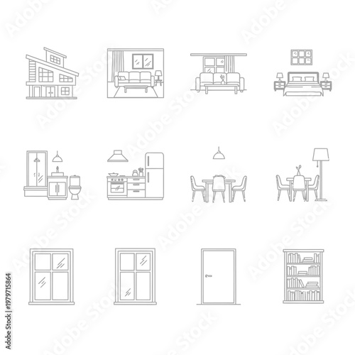 Set of various interior and exterior architectural elements in line art style.