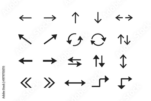 Collection of various arrow icons indicating direction, movement, and rotation