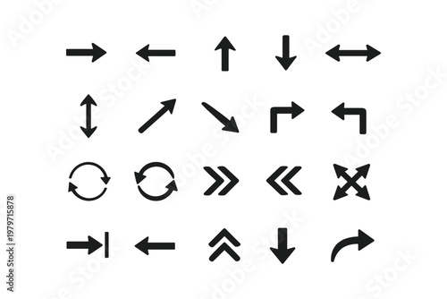 Collection of diverse black arrow icons indicating direction and movement