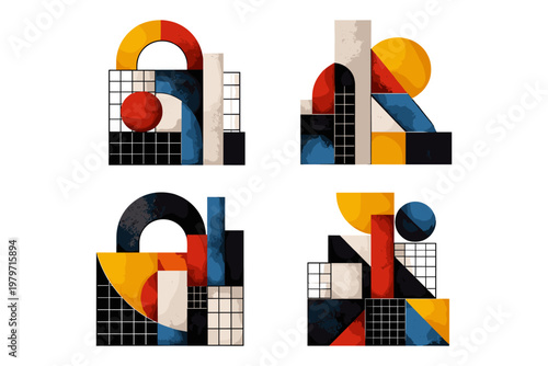 Abstract geometric composition with Bauhaus inspired shapes and textures
