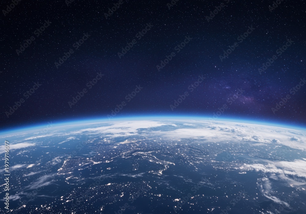Fototapeta premium Futuristic Planet Earth from Space with Glowing City Lights and Purple Cosmic Galaxy Background for Global Communication and Telecommunications Network Banner