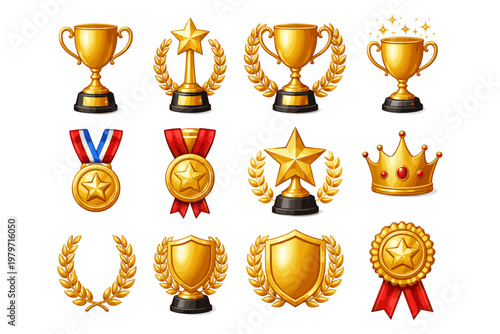 Collection of golden awards including trophies, medals, crowns, and laurels