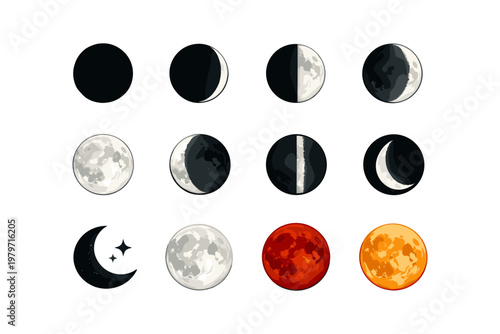 Illustration showing the different phases of the moon and celestial bodies