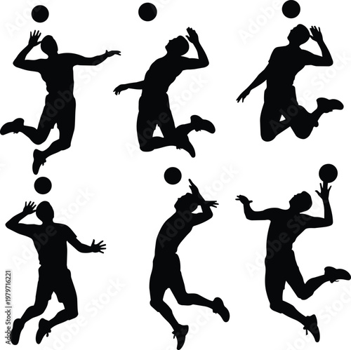 Volley Shot Silhouettes Set of 6 Black Vector Silhouettes Isolated on White Background
