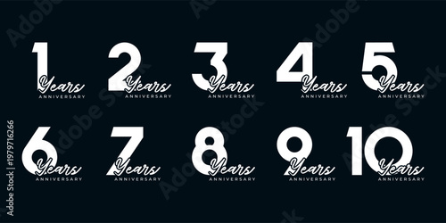 Set of vector logo designs for 1st to 10th anniversary, in white color for celebrations, weddings and birthday