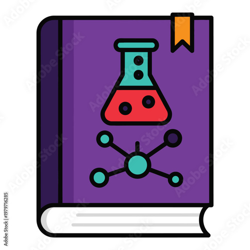 Purple book with beaker and molecular structure on cover  science and education concept icon