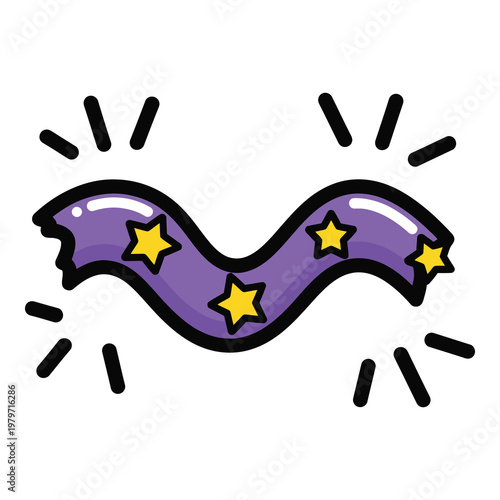 Purple cartoon starry banner with yellow stars and black lines  isolated on transparent background icon