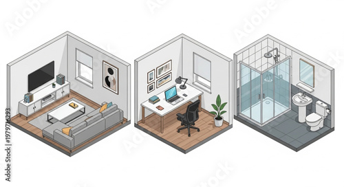 Isometric interior design views of living room office and bathroom.