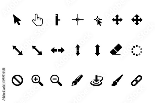 Collection of black interface icons for web and app design elements