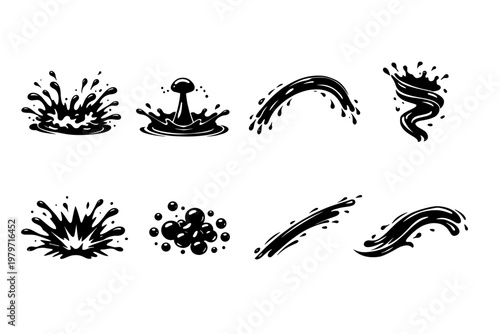 Collection of dynamic black liquid splashes and drops in various forms