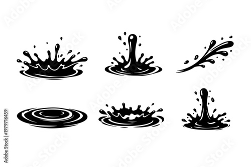 Collection of dynamic black ink splashes and water drops in motion