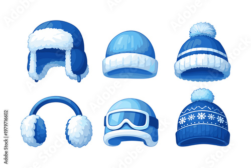 Collection of blue winter hats and earmuffs for cold weather protection