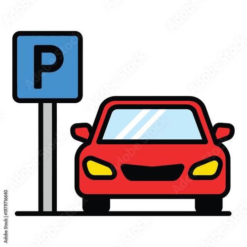 Red car parked next to parking sign on white background icon