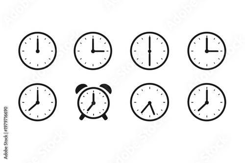 Collection of simple clock icons showing different times on white background