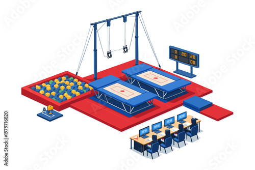 Modern indoor trampoline park with foam pit, scoreboards, and judging stations