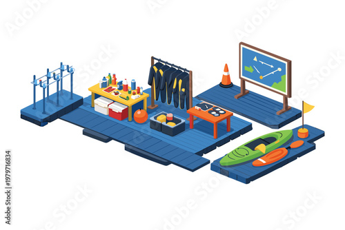 Water sports equipment and strategy board displayed on a blue dock