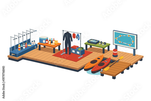 Kayaking gear and equipment display on a wooden dock with route map