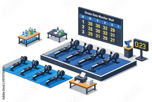Isometric rowing machine gym setup with stroke rate monitor and timer