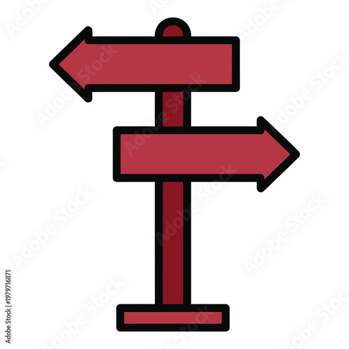 Red directional signpost with two arrows pointing in opposite directions on white background icon