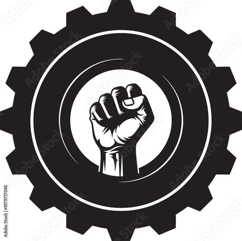 Black silhouette of fist holding center of gear wheel representing industrial revolution worker power and mechanical engineering strength concept art