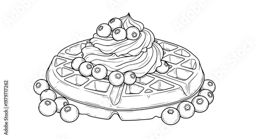 Isolated waffle with blueberries and whipped cream, black and white line art vector, hand drawn dessert illustration