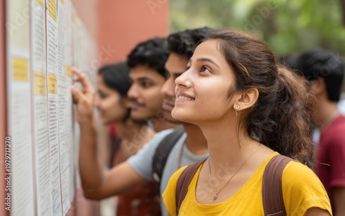 Young Indian students eagerly check a notice board for important university announcements