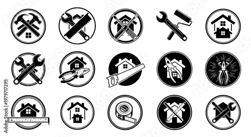 Collection of Home Repair and Construction Tool Icons for House Renovation Services.