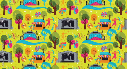 Music festival grounds showcase outdoor stages, performing artists, and green trees in a bright, stylized graphic pattern design.
