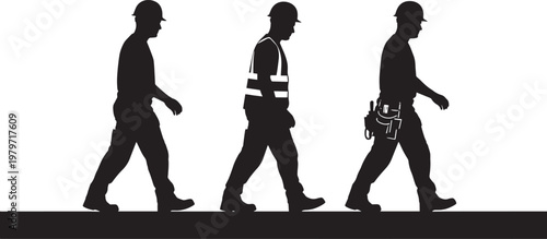 Row of construction workers walking silhouette wearing safety helmets and reflective vests on site representing professional labor workforce and team