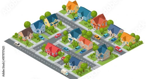 Isometric Neighborhood Houses Streets Cars Trees Buildings.