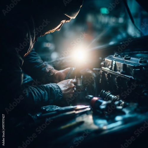 Over shoulder view of mechanic working vehicle engine workshop inspecting engine component flashlight diagnostic tool tool arranged around hand actively repairing camera behind subject no face visible