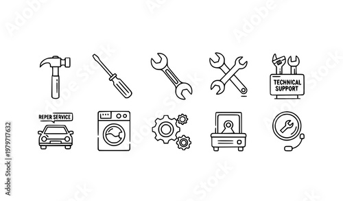Technical repair icons set with tools spanner washing machine and car service outline vector