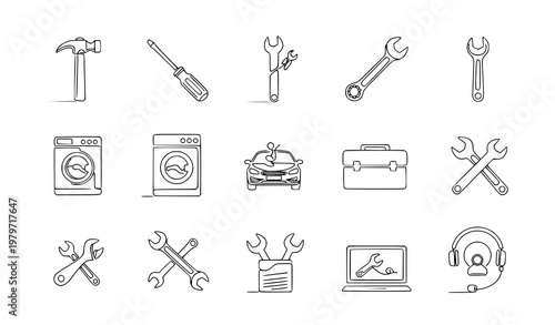 Continuous line repair service icons set with tools spanner car service and tech support vector