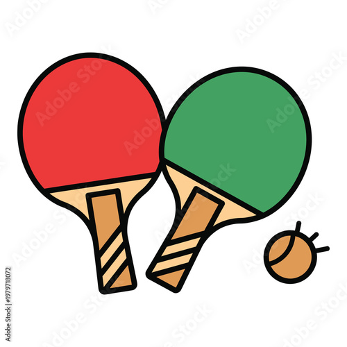 Two colorful ping pong paddles and a ball on white background icon