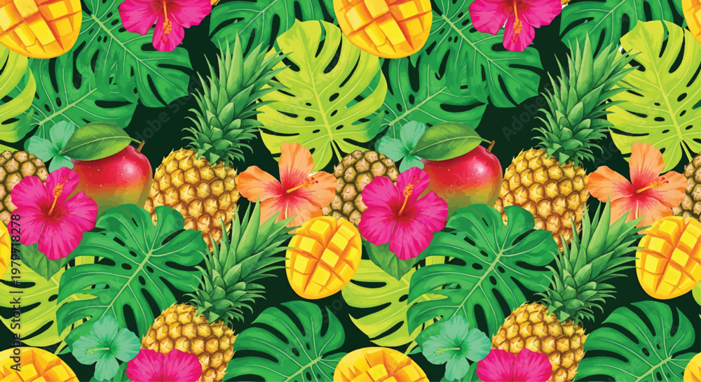 Fototapeta premium Pineapples and mangoes are arranged in a seamless pattern with hibiscus flowers and tropical monstera leaves on a dark background.